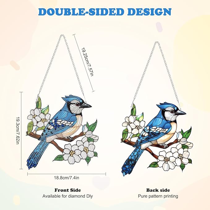 HEIBAGO Bird Hanging Diamond Art Kits for Adults, Flower Special Shaped Crystal Diamond Painting Ornament Kit, DIY Double-Sided Pattern Window Pendant Gem Art Kit for Home Wall Decor 8.3x8.3inch