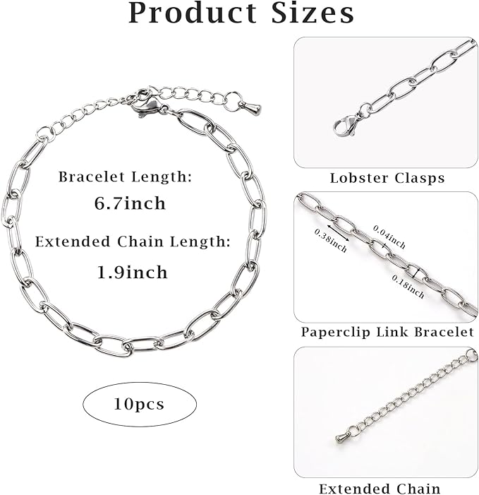 10pcs Silver Paper Clip Jewelry Links Stainless Steel Chains for Jewelry Making Charm Bracelet Chain Bulk for Men Women DIY Crafts Jewelry Findings