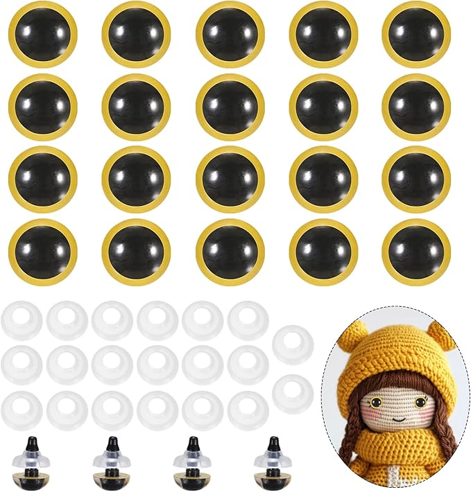 PATIKIL 10mm Safety Eyes, 20Pcs Realistic Doll Crocheting Safety Eyes with Washers for Decor Crochet Accessories Dolls Craft Halloween, Yellow
