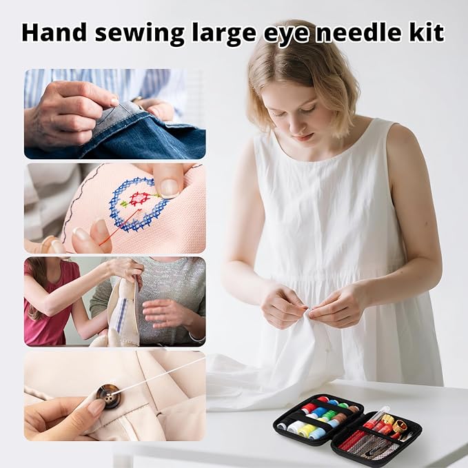 72Pcs Sewing Kit for Adults - Stainless Steel Needles for Hand Sewing,Big Eye Steel Sewing Needles Kit with Thread Ripper, Needle Threaders, Threads and Thimbles