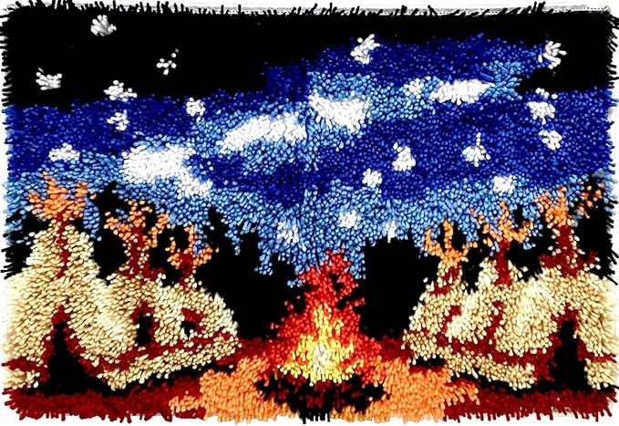 Campfire Night Latch Hook Kit –Cozy Tent Scene Under Starry Sky | DIY Rug Making Kit for Adults & Beginners | Pre-Printed Canvas, Soft Yarn & Anti-Slip Backing23.6''x15.8'' (Starlit Campfires)