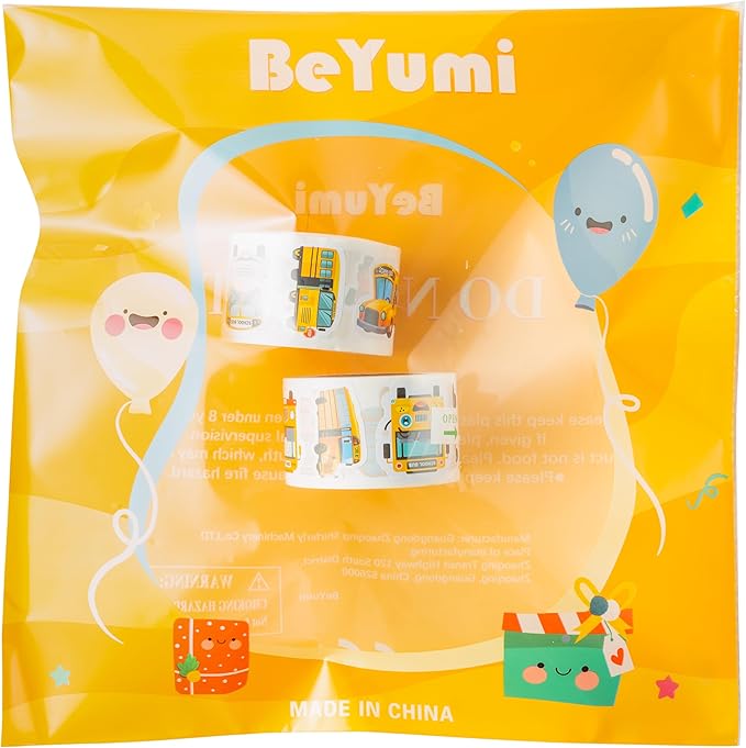 beyumi school bus roll stickers - 1000pcs school bus stickers in 2 rolls back to school waterproof vinyl cartoon transportation decals for laptop bottle notebook luggage computer classroom decor kids