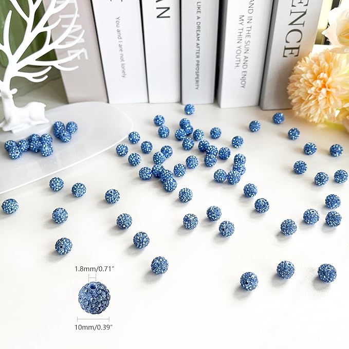 100 pcs 10mm Rhinestone Beads for Jewelry Making, Blue Shiny Round Disco Ball Beads, Bulk Polymer Clay Rhinestone Bead Crystal Diamond Bead for Bracelet Necklace Earring Crafting