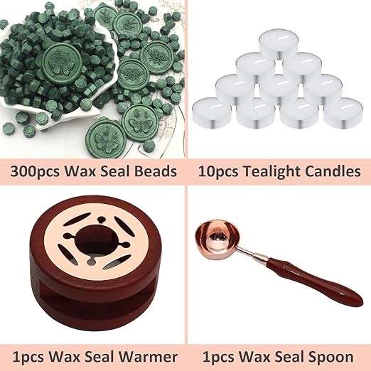 Wax Seal Beads Kit - 300pcs Pine Green Sealing Wax Beads with Wood Melting Warmer, Spoon & 10 Mini Candles for Stamp Seals, Wedding Invitation, Envelope, Cards, Gift Wrapping Decorations