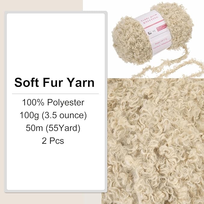 MECCANIXITY 2 Skeins Fur Yarn Soft Fluffy Chunky Yarn Fuzzy Eyelash Yarn Cream White for Crocheting Knit Clothes Bag - 55Yard/50m, 3.8ozx2