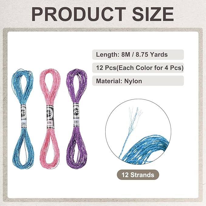 PATIKIL 12 Skeins Embroidery Floss, Metallic Embroidery Thread Nylon Threads Bracelets String for Cross-Stitch Hand Embroidery, Blue/Pink/Purple