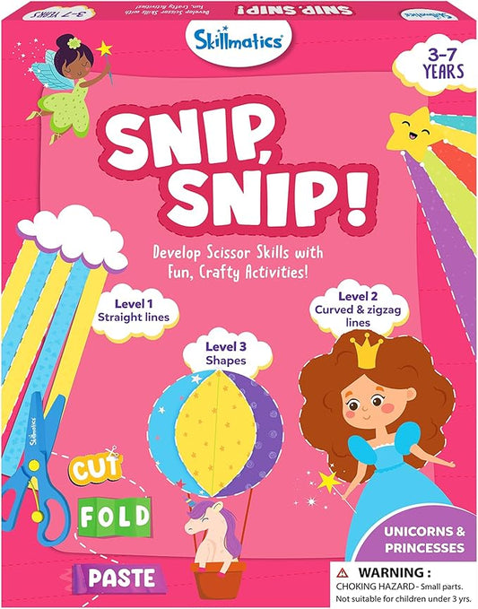skillmatics scissor skills activity book - snip snip unicorns & princesses, 25 fun cutting & creative activities, 2 child-safe scissors, felt craft kit, valentine’s day gift for ages 3, 4, 5, 6, 7