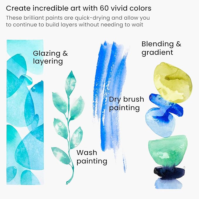 ARTEZA Watercolor Paint Set, 60 Colors, 12 ml Tubes, Highly Pigmented Watercolor Paints for Washes, Layering, Blending, and Mixed Watercolor Techniques