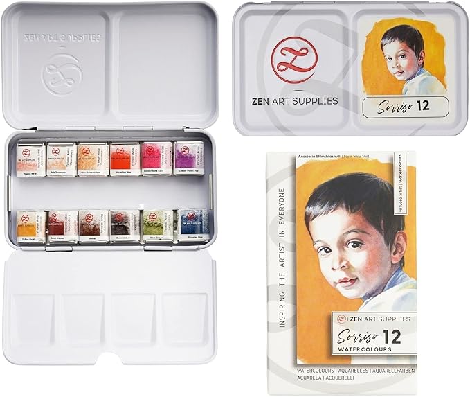 ZenArt Supplies Professional Watercolour Paint Set Sorriso - Non-Toxic 12 Half-Pan in Metal Tin Palette Portable Travel for Adults Water Color Portrait, Figurative & Animal Art by