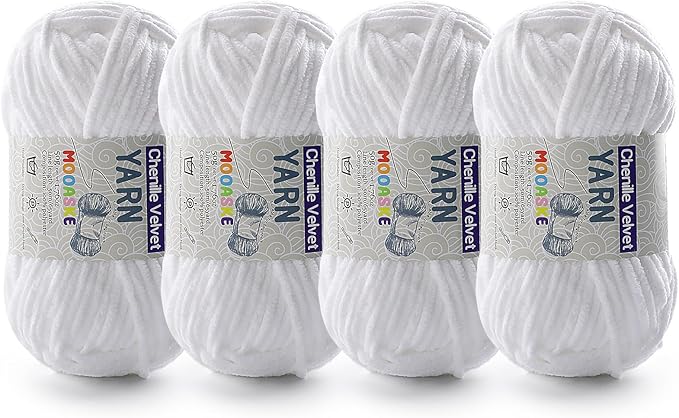 4 Pac Chenille Yarn for Crocheting - Blanket Yarn for Crocheting - Fluffy Yarn for Crochet, Baby Yarn for Crocheting Soft Blankets Weight Per Roll 50g/1.76oz, Length 60m/65yard (White)