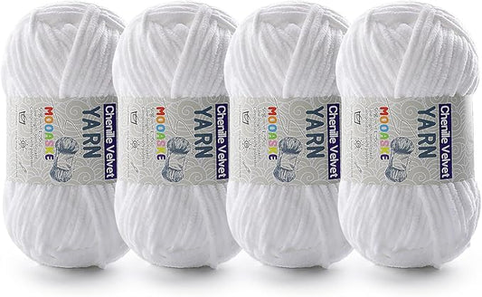 4 Pac Chenille Yarn for Crocheting - Blanket Yarn for Crocheting - Fluffy Yarn for Crochet, Baby Yarn for Crocheting Soft Blankets Weight Per Roll 50g/1.76oz, Length 60m/65yard (White)