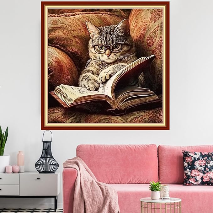 Redxing Stamped Cross Stitch Kits Embroidery kit for Beginners Adults Full Range of Embroidery Patterns Starter Kits DIY Printed Cross Stitch Kits Needlepoint Kits 11CT-Cat Reading 18x18 inchs