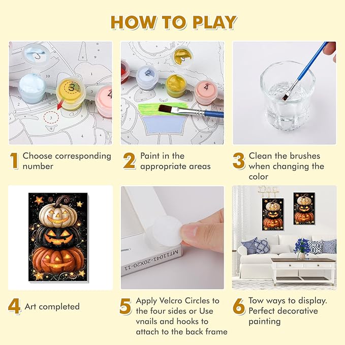 Bowetile Halloween Framed Paint by Numbers for Adults, Adults' Paint-by-Number Pumpkin Kits on Canvas, Easy Acrylic Number Painting Crafts Kits Halloween Gifts for Home Decor, 8x12in