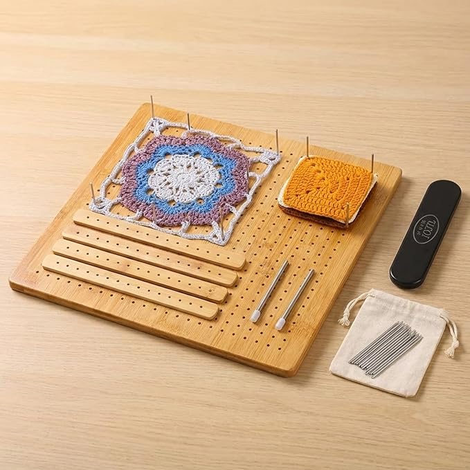13”Crochet Blocking Board - Upgraded Style with 4 Tension Rods and 20 Pegs – Blocking Boards for Crochet Projects, Ideal for Granny Square Card Deck Users （Natural Colour）