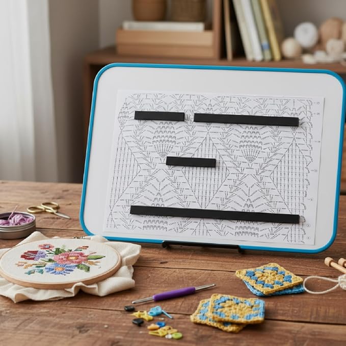 flutesan 8 x 12 inches knitting pattern holder with 4 replacement magnets knitting chart keeper magnetic board cross stitch supplies for crochet(blue border)