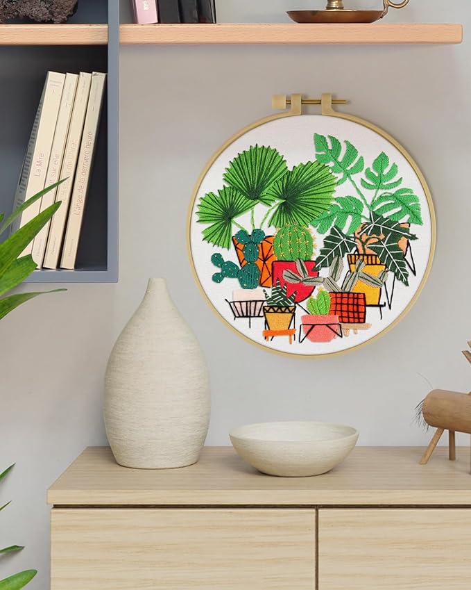 ERKOON Embroidery Kit for Beginners, Flower Cross Stitch Set for Include Embroidery Cloth Hoops Threads for Craft Lover Hand Stitch with Embroidery Skill Techniques (Greenery)