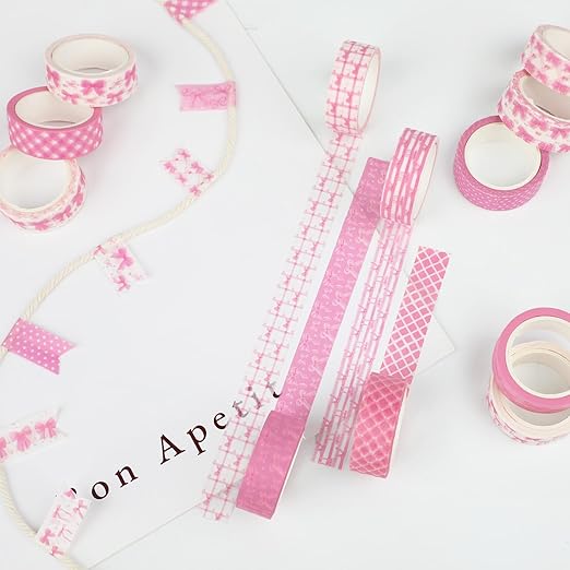 12 Rolls Pink Bow Washi Tape, Bowknot Plaid Adhesive Masking Tapes Decorative Pink Coquette Paper Tape for Scrapbook Journal Planners DIY Art Crafts Gift Wrapping 16.4FT
