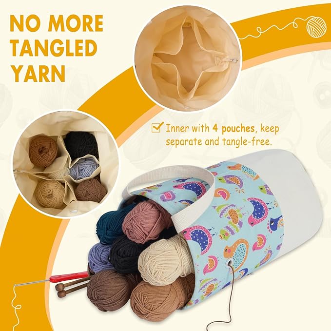 Yarn Bag, Small Crochet Bag Organizer, Drawstring Yarn Storage Knitting Bags, Portable Mini Yarn Holder for Crocheting Project, Store Skein Ball, Needles Accessories (Colorful Birds, Large)