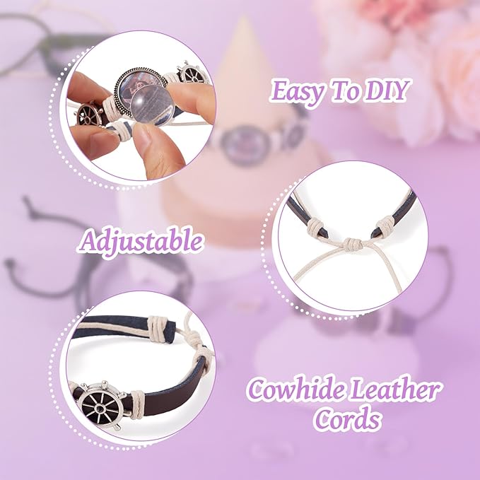 FASHEWELRY 5Pcs Cowhide Leather Cord Bracelet Bezel Tray Blank Bangle Base Settings 18mm Adjustable Round Cabochon Tray Bracelet for Jewelry Making
