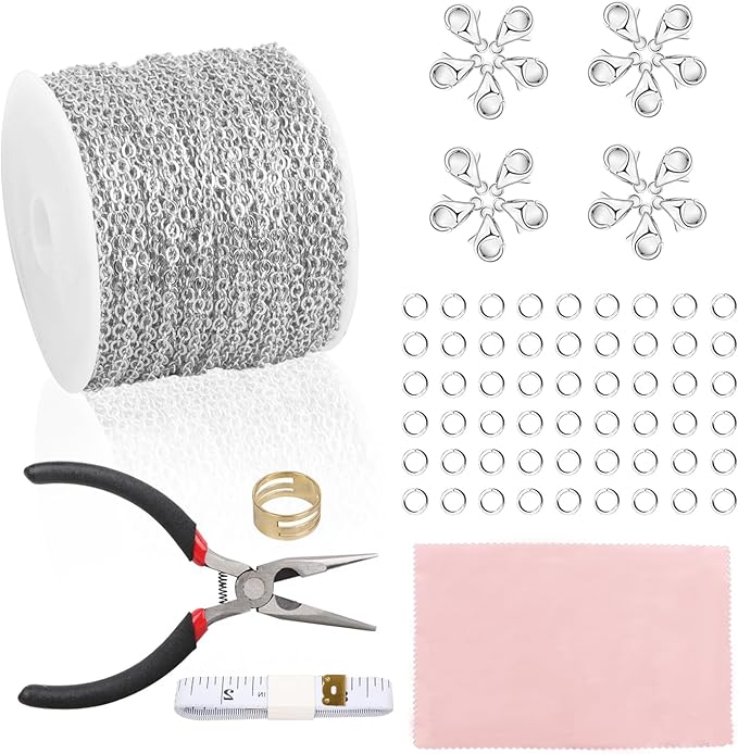 Fesorsi 60 ft Steel Chains for Jewelry Making, Silver Permanent Jewelry Chain, Electroplating Process, Necklace Chains with 300 Pieces Link Ring and 60 Pieces Lobster Buckles, for DIY, Gifts (2mm)
