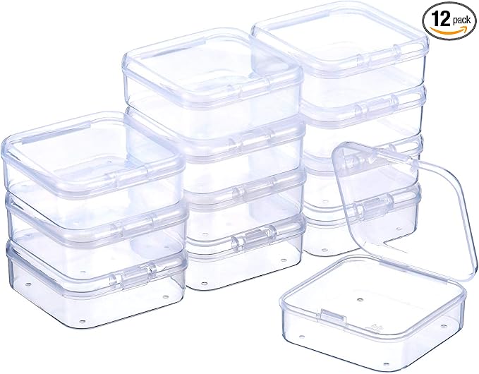 SATINIOR 12 Pack Clear Plastic Beads Storage Containers Box with Hinged Lid for Beads and More (2.12 x 2.12 x 0.79 Inch)