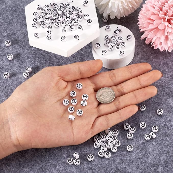 200pcs Peace Sign Acrylic Beads - Opaque White Flat Round Beads, Black Symbol Spacers for DIY Jewelry Crafts - Hole 1.6mm