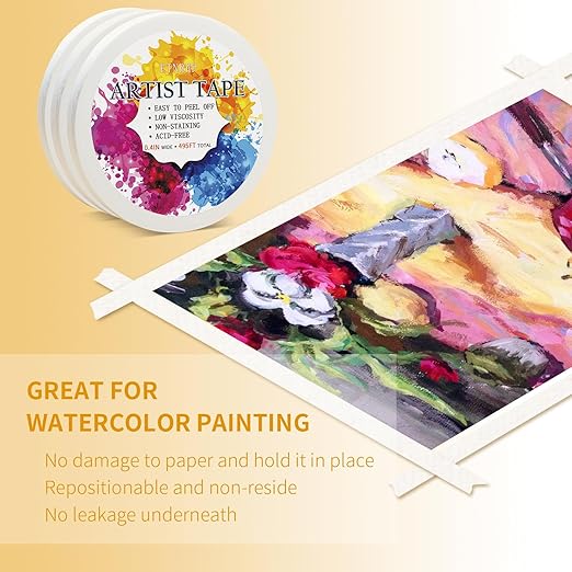 Low Tack White Artist Tape for Watercolor Paper Drafting Art Masking Tape Acid Free Painter Watercolor Tape for Painting Canvas Framing, 0.4 inch Wide 495FT Long Total
