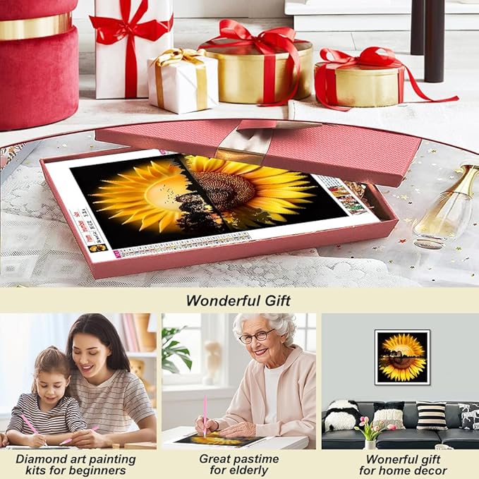 Domnpes Sunflower Diamond Art Kits for Adults, 5D Diamond Painting Kits for Beginners, DIY Round Full Drill Bead Craft for Home Wall Decor Gift 11.8x11.8 inch, Landscape