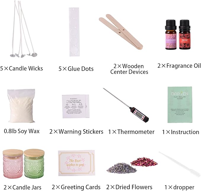 DARJEN Candle Making Kits for Adults- Soy Candle Making Supplies with 2 Candle Jars(Green, Pink), Wax, Scents, Card & More, DIY Starter Candle Making Kit, Full Set DIY Arts & Crafts Gift