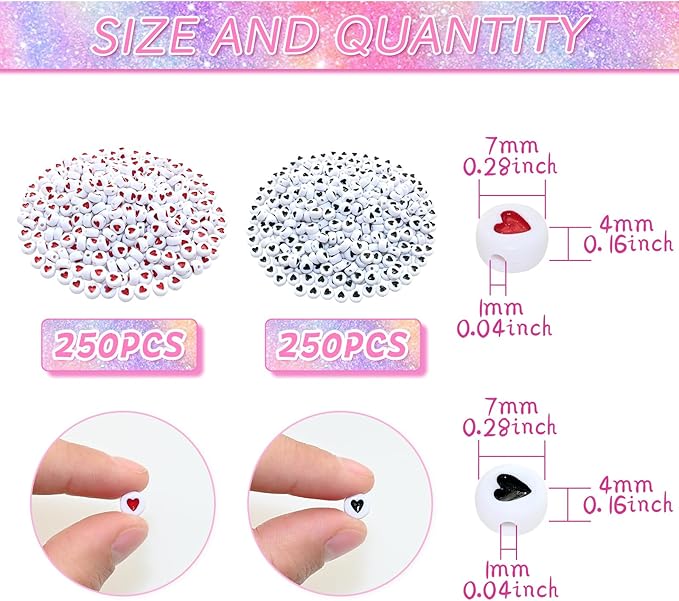 Amaney 500Pcs Heart Beads 7x4mm Round Acrylic Beads Black and Red for Jewelry Making