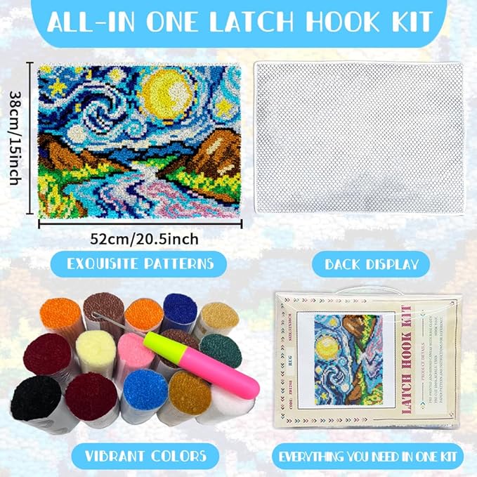 ORIGACH Starry Night Sky Latch Hook Rug Kit for Adults Printed Rug Making Kit Handmade Carpet Tapestry Cover with Hook Latch and Preprinted Canvas, Home Arts Crafts Sofa Decor, 20.5x15inch
