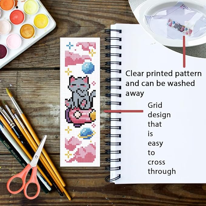 ORIGACH 6 Pcs Cross Stitch Bookmark Kit for Beginner Adults, Cute Cats in Outer Space Stamped Embroidery Bookmark Kit with Instruction for Starters Printed Cross Stitch DIY Kits for Book Lovers
