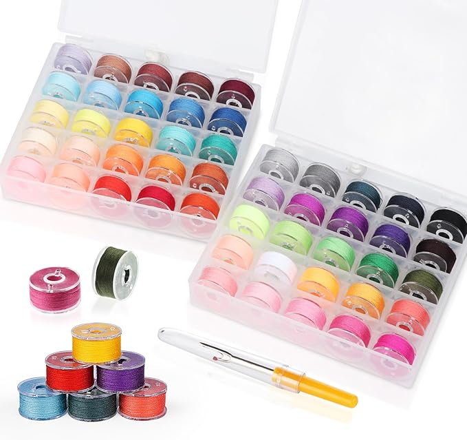50Colors Sewing Bobbins Thread with Bobbin Box, SizeA Class15 PrewoundBobbin Thread for Sewing Machine,PolyesterThread Compatible with Singer/Brother/Janome/Embroidery Machine