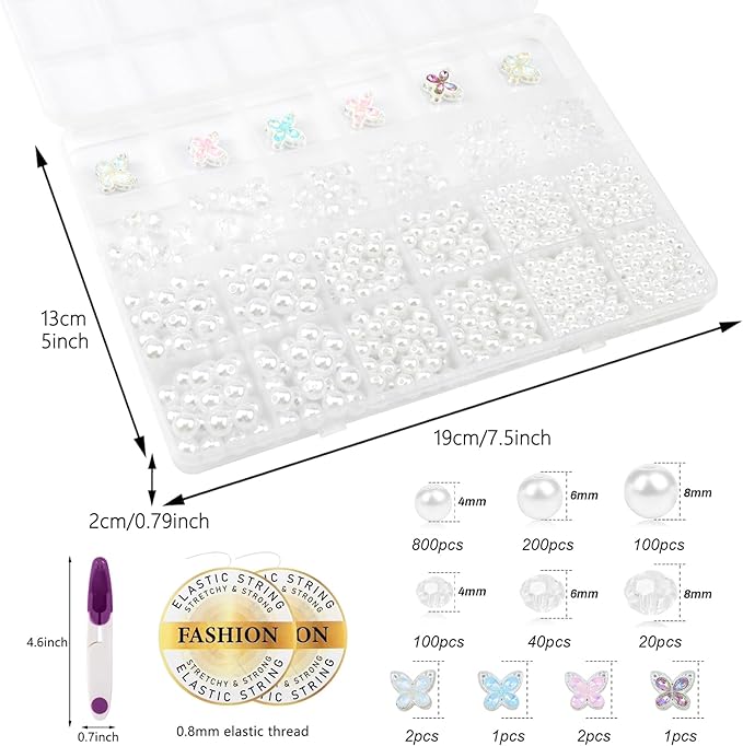 1266 Pcs Pearl Beads for Bracelet Making Kit Butterfly Crystal Beads for Jewelry Making White Pearl Bracelet Bead Charms Necklace Earrings DIY Craft for Women Adult Pearls Bead for Crafting