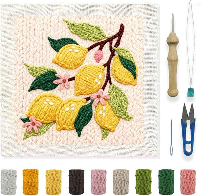INFUNLY Lemon Flower Punch Needle Embroidery Kits Lemon Branch DIY Punch Needle Kit for Beginners Plant Stamped Rug Yarn Hooking Kit with Pre-Printed Pattern Instruction for Craft Lovers Home Decor