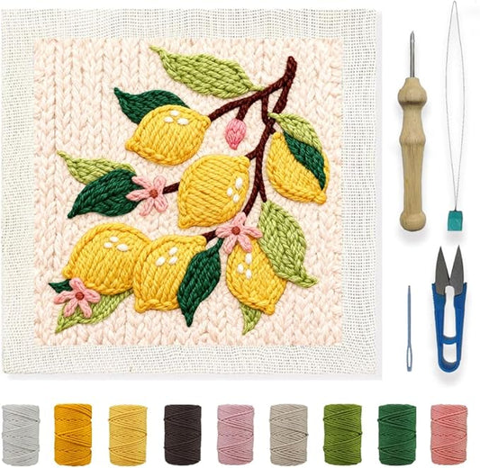 INFUNLY Lemon Flower Punch Needle Embroidery Kits Lemon Branch DIY Punch Needle Kit for Beginners Plant Stamped Rug Yarn Hooking Kit with Pre-Printed Pattern Instruction for Craft Lovers Home Decor