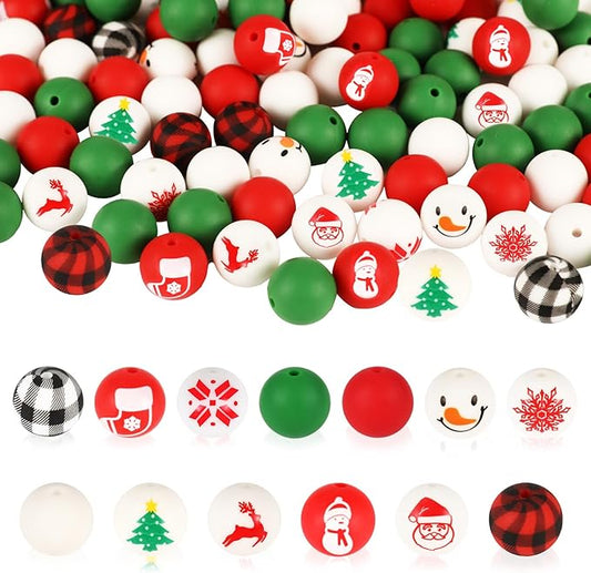 136pcs Christmas Silicone Beads Set,15mm Rubber Focal Beads for Keychain Bracelet Beadable Pen Lanyard Making Kit