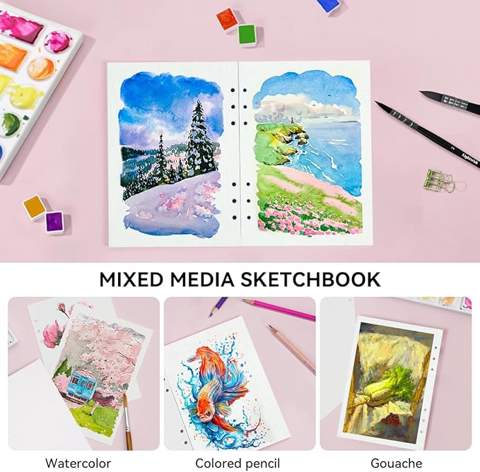 LIGHTWISH Watercolor Paper Bulk, 100% Cotton Cold Press 300gsm/140lb, 2 Pack, Total 40 Sheets A5 Hole-Punched Replaceable Paper for Artists, Adults,Students,5.8 * 8.2 Inches