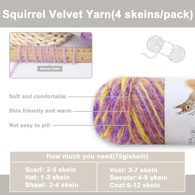 JAMIT Soft Crochet Yarn for Hand Knitting & Machine, Fluff Elastic Velvet Yarn for Crochet & Craft Projects, 4 Skeins, 75g/Skein, Multicolor