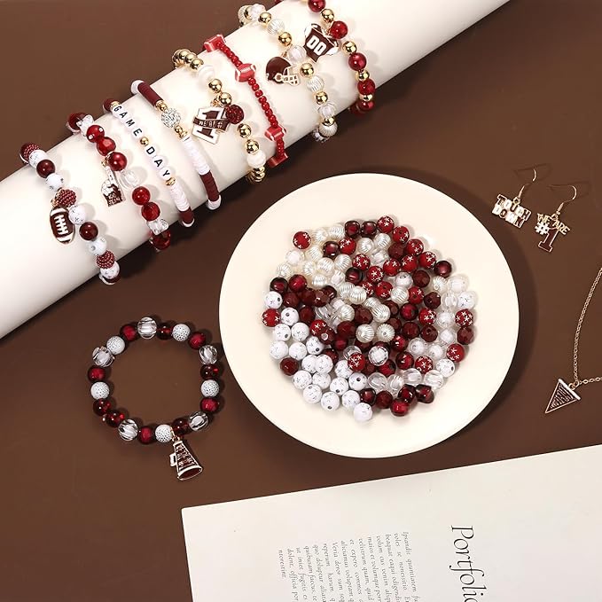 3000PCS+ Game Day Beads for Bracelets Making Clay Heishi Beads Pearl Acrylic Letter Bead Enamel Football Charms for Bracelet Earrings Necklace Making DIY Game Day Accessories (Burgundy White)