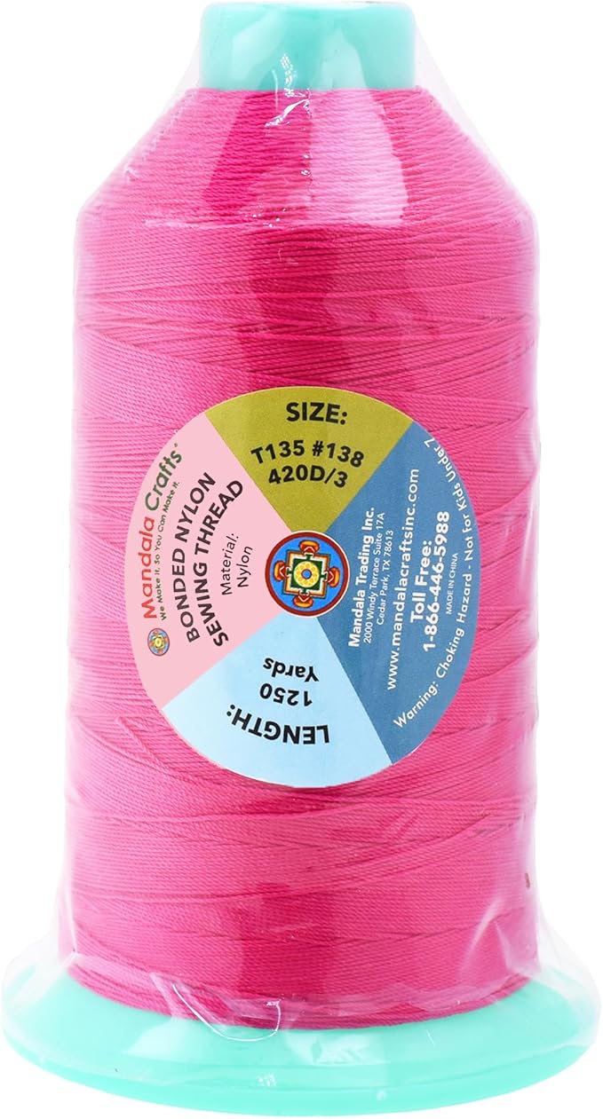 Mandala Crafts Size 138 420D T135 Bonded Nylon Thread - Hot Pink 1250 YDs Tex 135 Heavy Duty Sewing Threads for Leather, Jeans, Weaving, Outdoor Marine Upholstery
