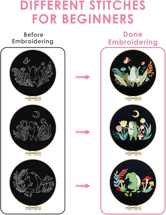 TINDTOP 3 Sets Embroidery Kit for Adults, Frog Embroidery Practice Kit for Beginners Include Embroidery Cloth Hoops Threads for Craft Lover Hand Stitch with Embroidery Skill Techniques