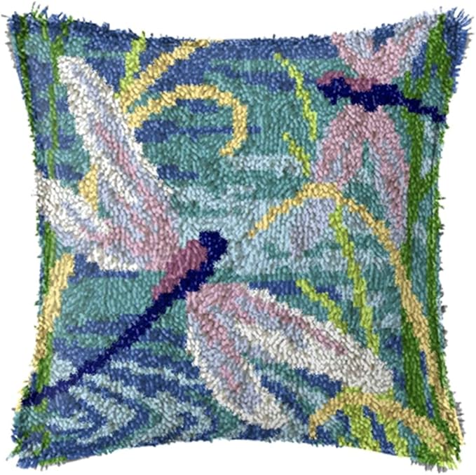 LAPATAIN Latch Hook Kits for DIY Throw Pillow Cover,Two Dragonflies Needlework Cushion Cover Hand Craft Crochet 17x17inch