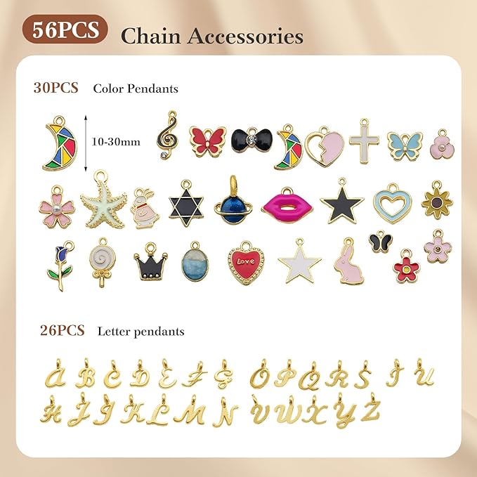 18K Gold Necklace Chain Kit for Jewelry Making, 20 Feet DIY Bracelet Chains with Jump Rings, Lobster Clasps, Connectors, Jewelry Pliers, 30 Colorful Graphic Charms & 36 Letter Pendants