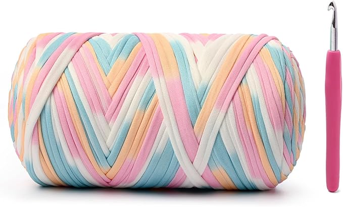 Elastic Fabric T Shirt Yarn for Crocheting，Beginner Crochet Yarns with Polyester Spandex Blend,Total 400g/114yds Soft Tshirt Yarn for Crochet Crafts/Bags/Baskets（Candy Color）