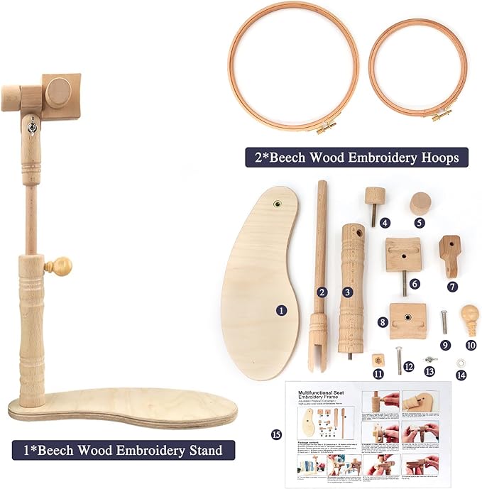zocone beech wood adjustable rotated embroidery hoop stand with 2 pcs 6'' 8'' embroidery hoops, wooden embroidery stand, embroidery hoop holder for cross stitch and embroidery project (a)