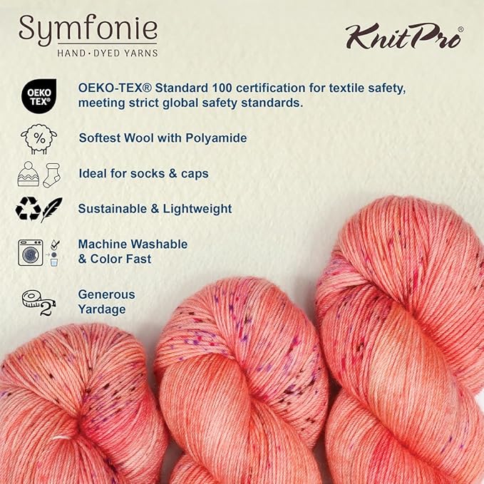 KnitPro Symfonie Fingering Weight Hand Dyed Variegated Yarn Skein | Extra Fine Merino Wool & Polyamide Blend for Knitting & Crocheting, Oeko-TEX Certified 400m, 100g | Terra Blush