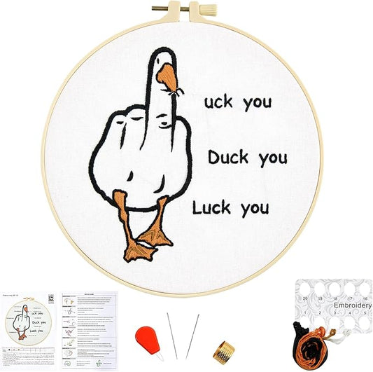 Middle Finger Duck Embroidery Kits for Beginners Adults, Funny Embroidery Starter Kits, Counted Cross Stitch Kits for Beginners DIY Craft Kits for Adult Women, Embroidery Hoop, Thread & Video Tutorial