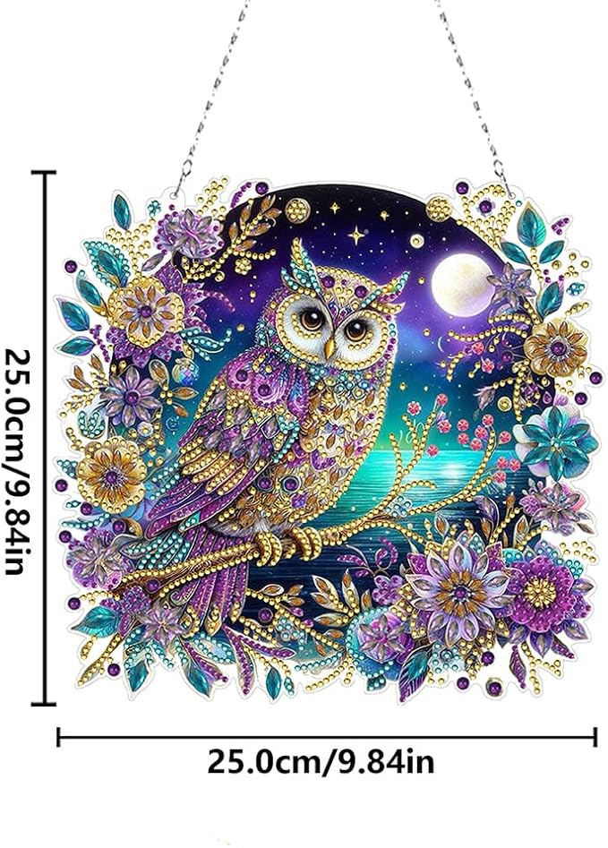 POETRYDRAW DIY Hanging Diamond Art Pendant Kit Owl, Special Crystal Diamonds Painting Ornament for Adults, 5D Diamond Art Suncatchers Double Sided Board Gem Painting Box Kit