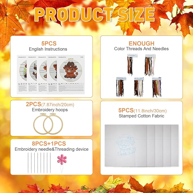 Kuabiz 5 Sets Highland Cow Embroidery Kits for Beginners Cross Stitch Kit for Adults Highland Cow Pattern Embroidery Starter Kit Embroiderys Hoop Needlepoint Kits with Instruction Needles Threads